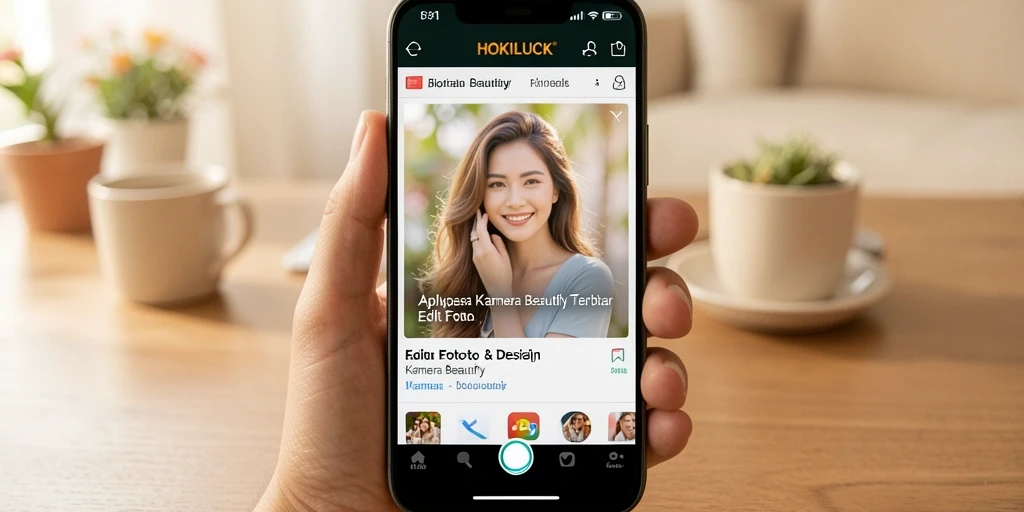 Tampilan antarmuka HOKILUCK dengan berbagai fitur Kamera Beautify.